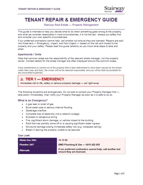 First page of Tenant Repairs and Emergency Guide