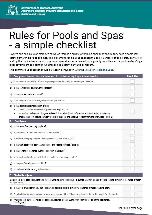 First page of Residents Simple Pool Safety Checklist